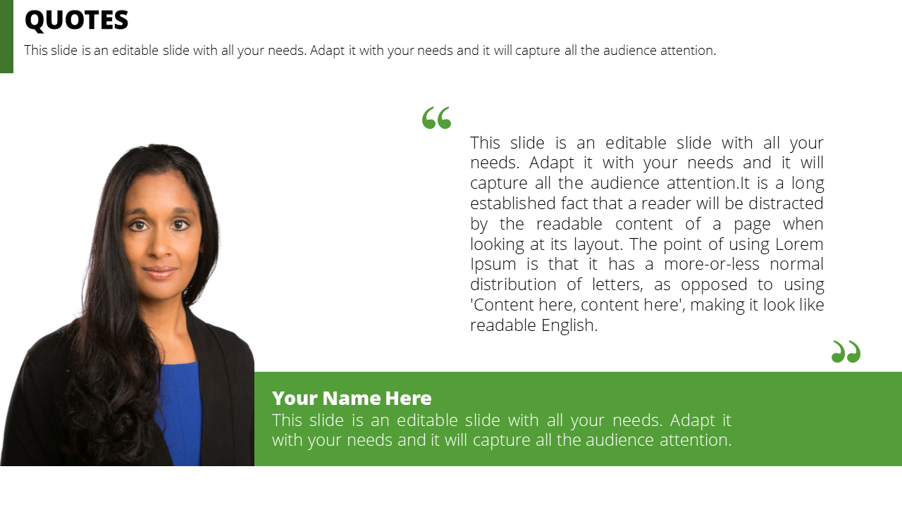 Quote template slide showing a headshot of a woman, green quotation graphics, and a green footer with a name placeholder.