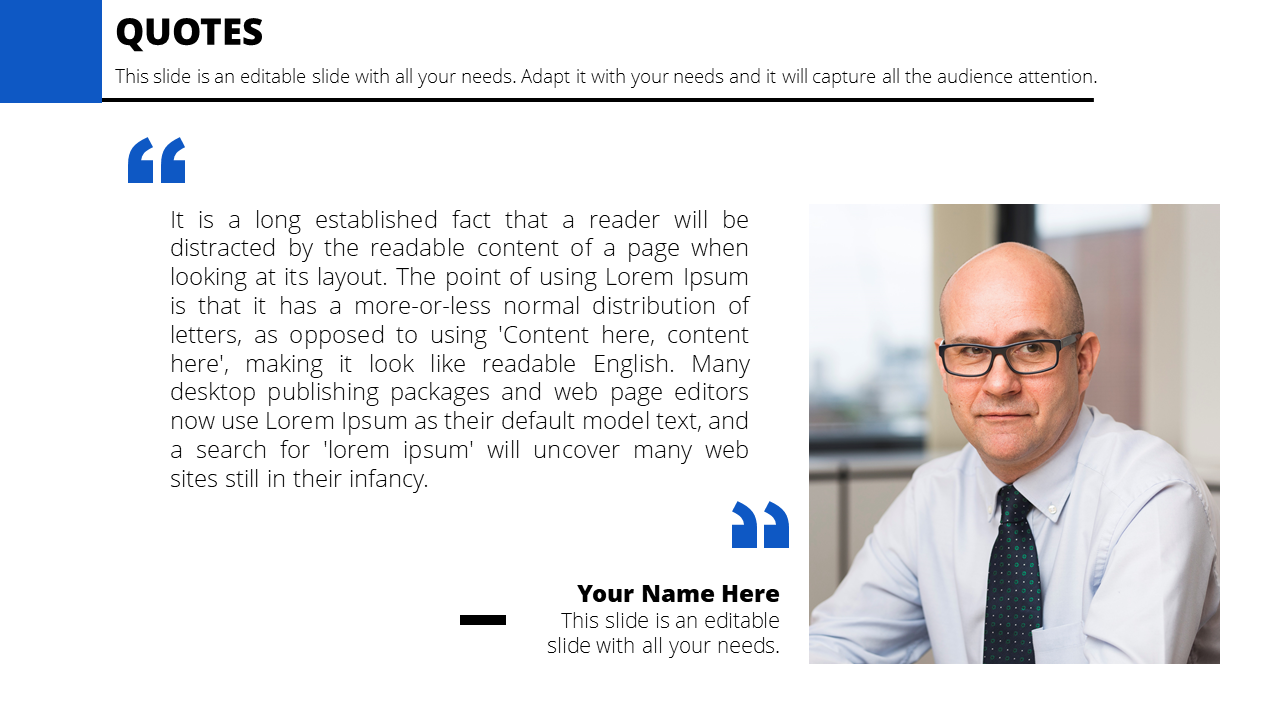 Quote slide layout with text on the left and a professional portrait of a man in a blue shirt and tie on the right.