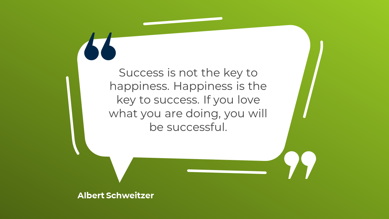 Quote slide with a rounded speech bubble on a green background, featuring a motivational quote by Albert Schweitzer.