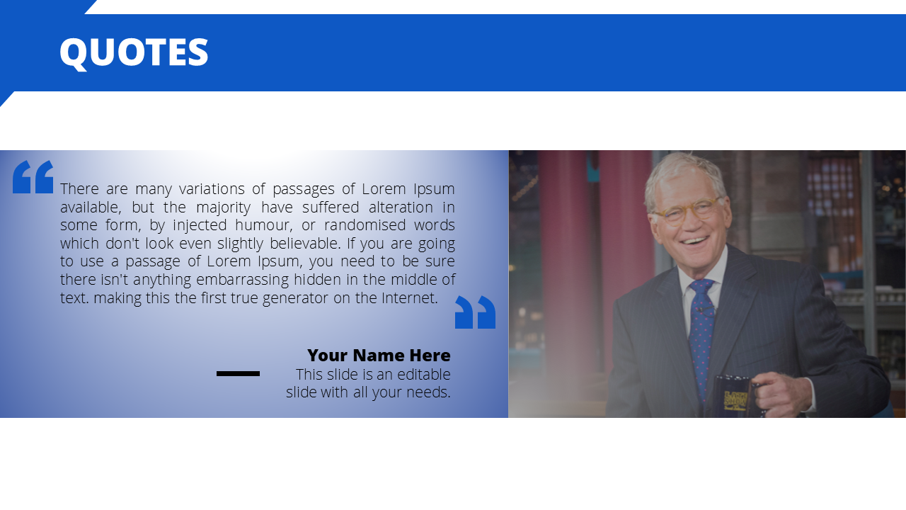 Quote slide with blue gradient text box on the left and a smiling man in a suit holding a mug on the right.