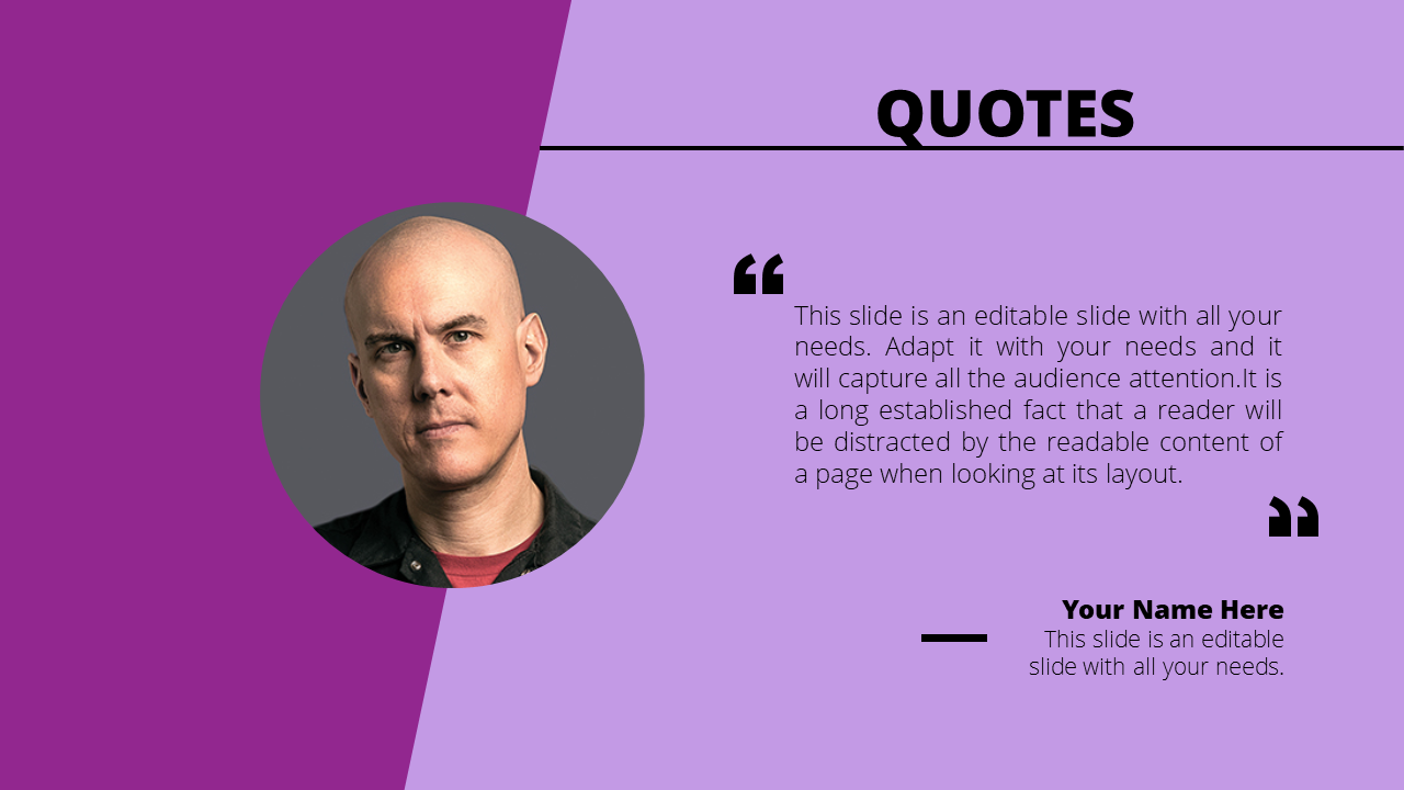 A quote slide with a purple background, featuring a photo of a man and a quote about the importance of readable content.