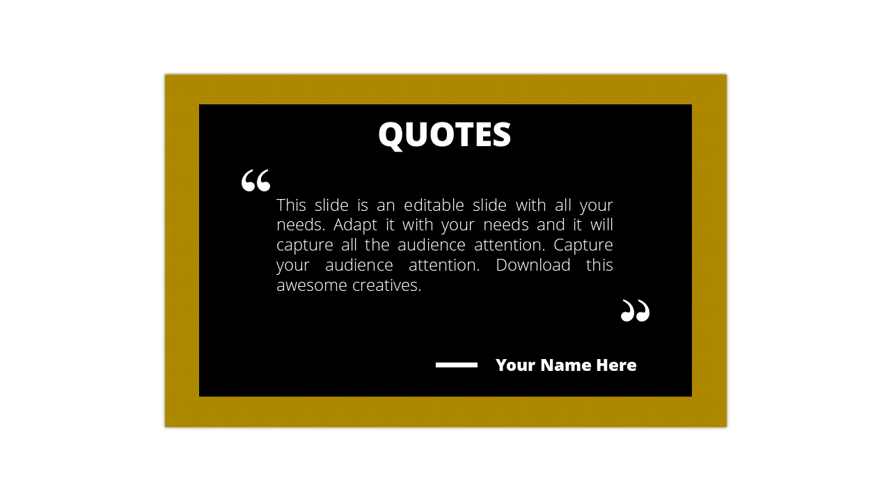 Quote template with a black background, yellow border, and a speech bubble holding text with space for the author's name.