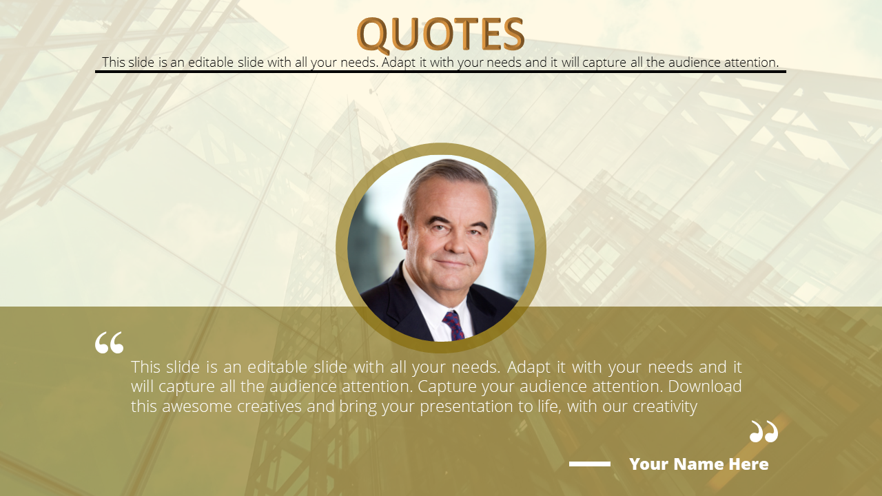 Quote slide with a circular portrait of a smiling man, white quotation marks, and a golden background overlay.