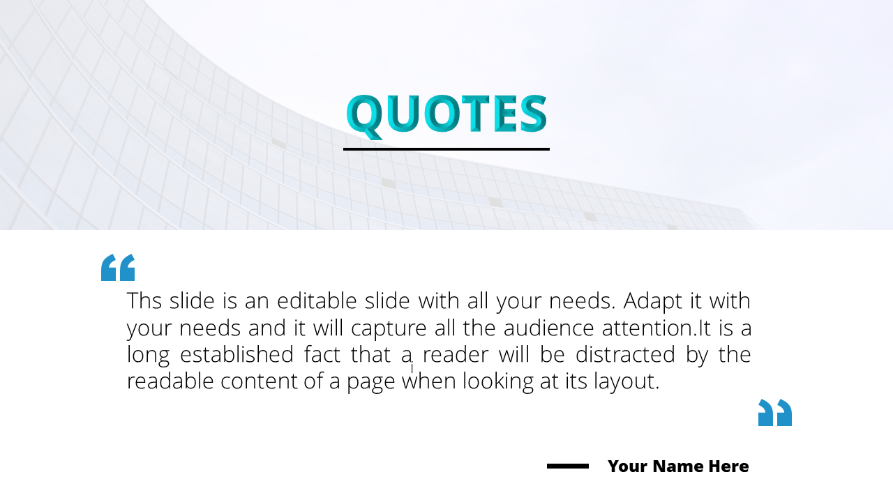 Quote slide with a modern background of a building, featuring a speech bubble with text and space for the author's name.