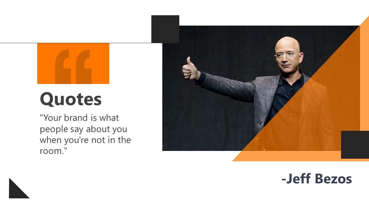 Slide with a quote and an image of a man giving a thumbs-up on the right, accented by black and orange shapes.