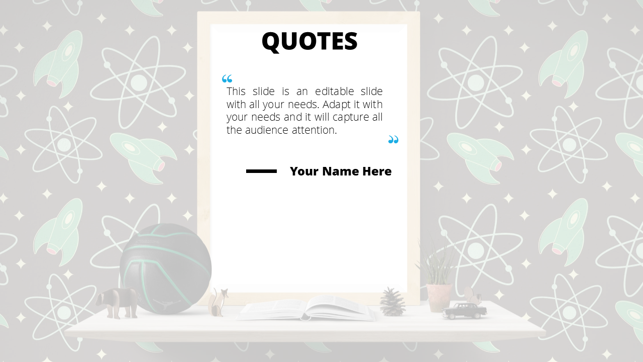 Quote slide with a white text area framed by light decor, featuring atom symbols and green rockets in the background.