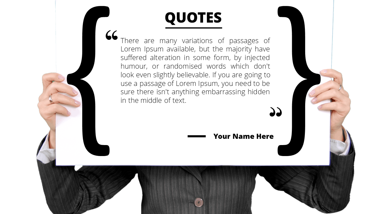 PowerPoint slide with a person holding a sign with curly braces, a quote, and a placeholder for the speaker’s name.