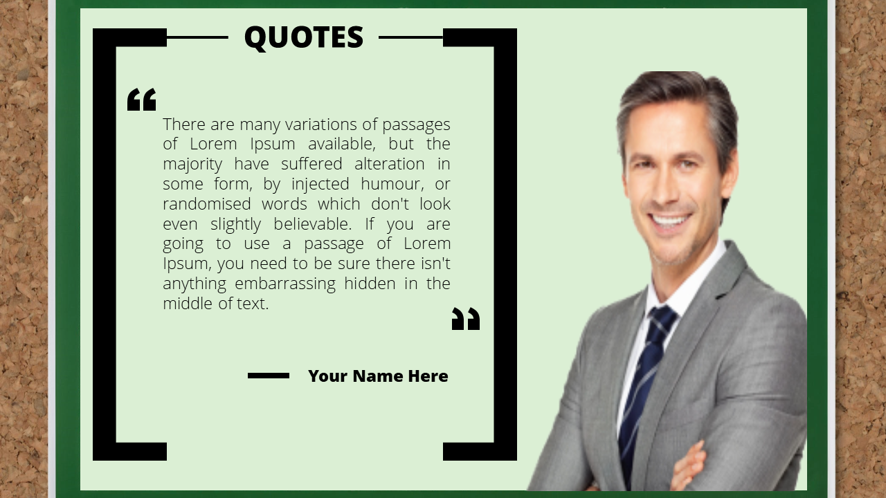 Business quote slide with a portrait of a man in formal attire, paired with a quote section featuring bold black borders.