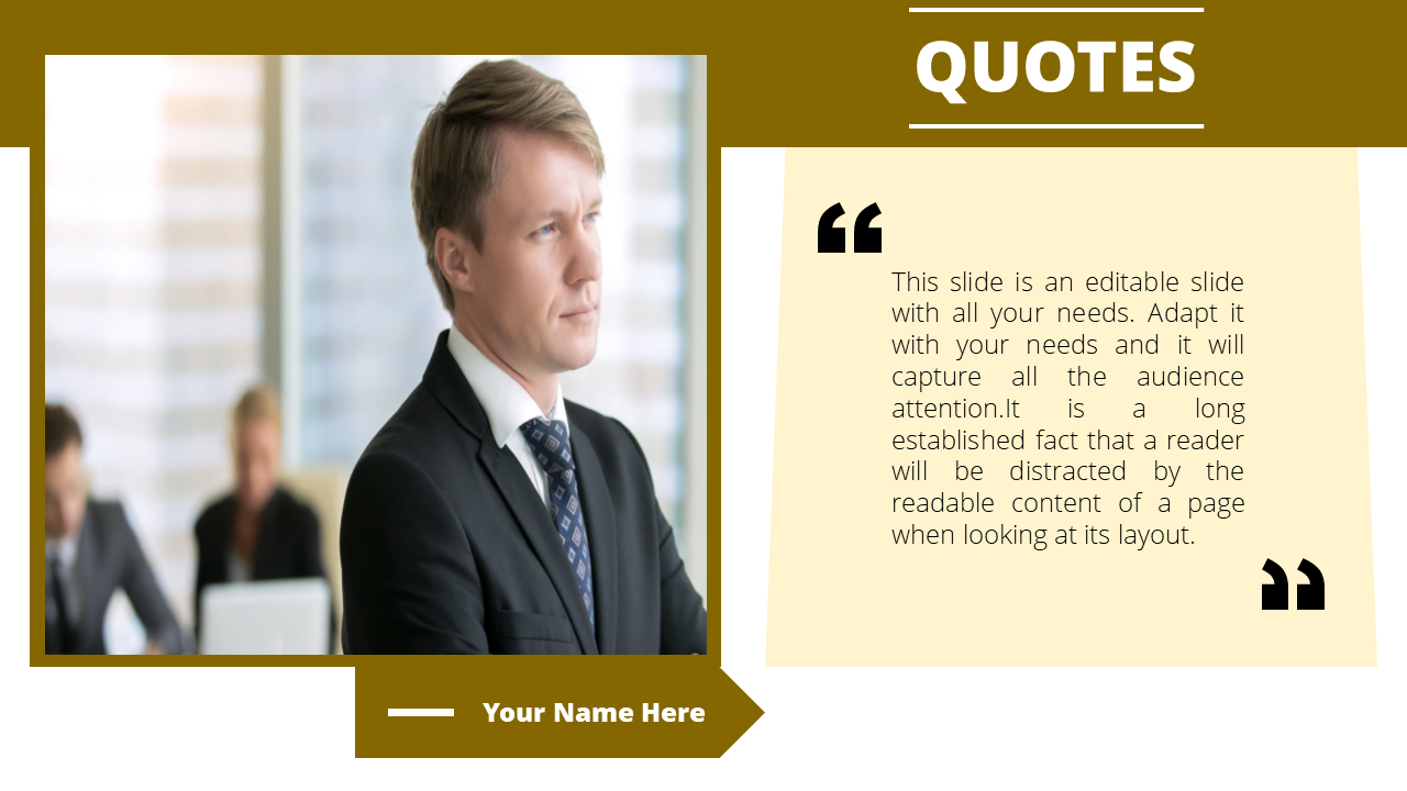 Split layout with a photo of a man on the left and a beige text box with a quote and a mustard header.