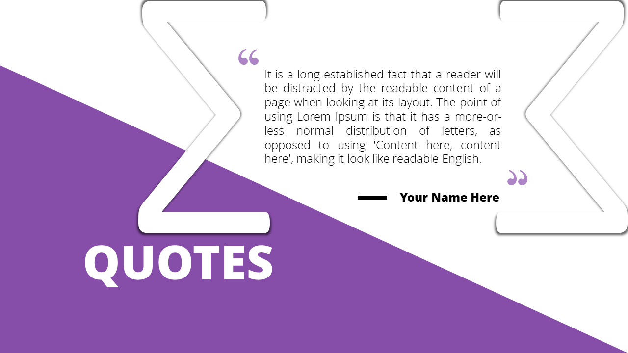 PowerPoint quote template featuring a quote box with a purple background, including space for text and name.