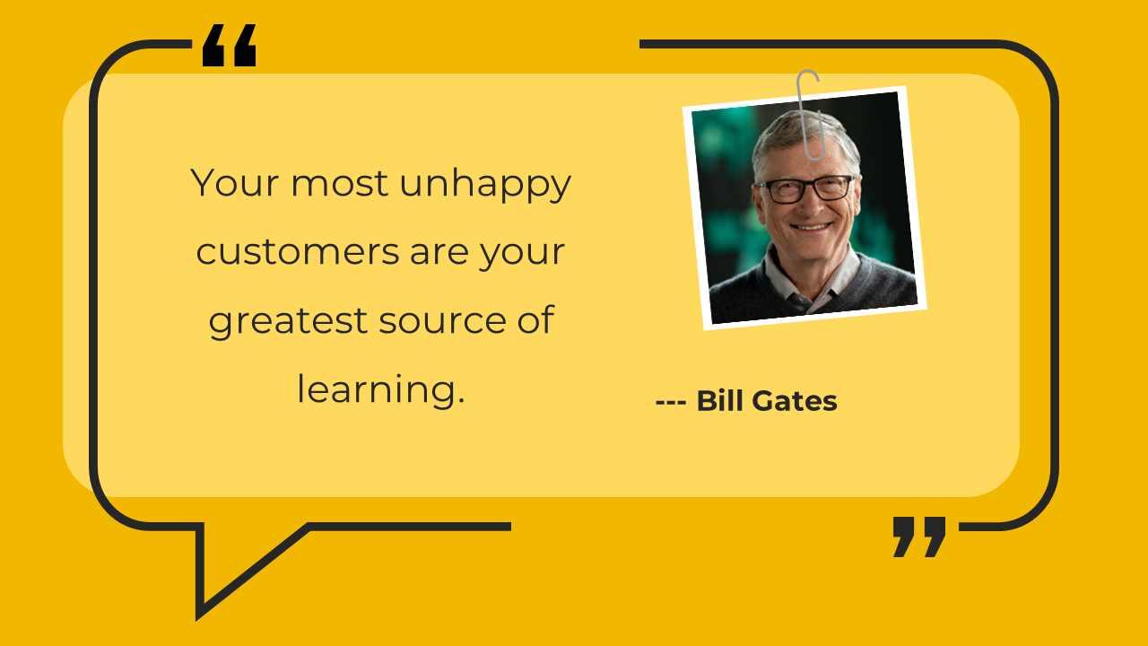 Slide featuring a yellow speech bubble with a quote by Bill Gates, along with his portrait and space for the speaker’s name.