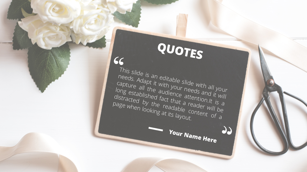 Black chalkboard with quote text, surrounded by white roses, ribbon, and scissors on a white wooden background.