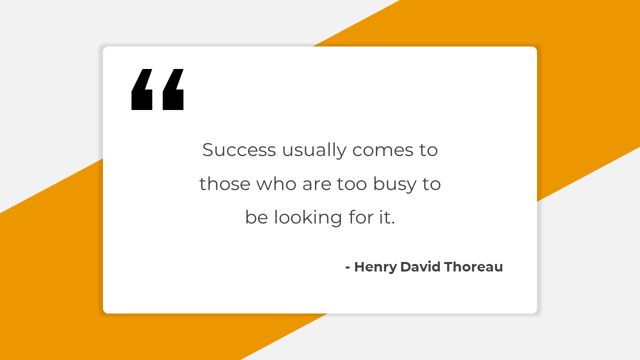 Slide with a yellow geometric background and a quote by Henry David Thoreau on success, with space for the speaker’s name.