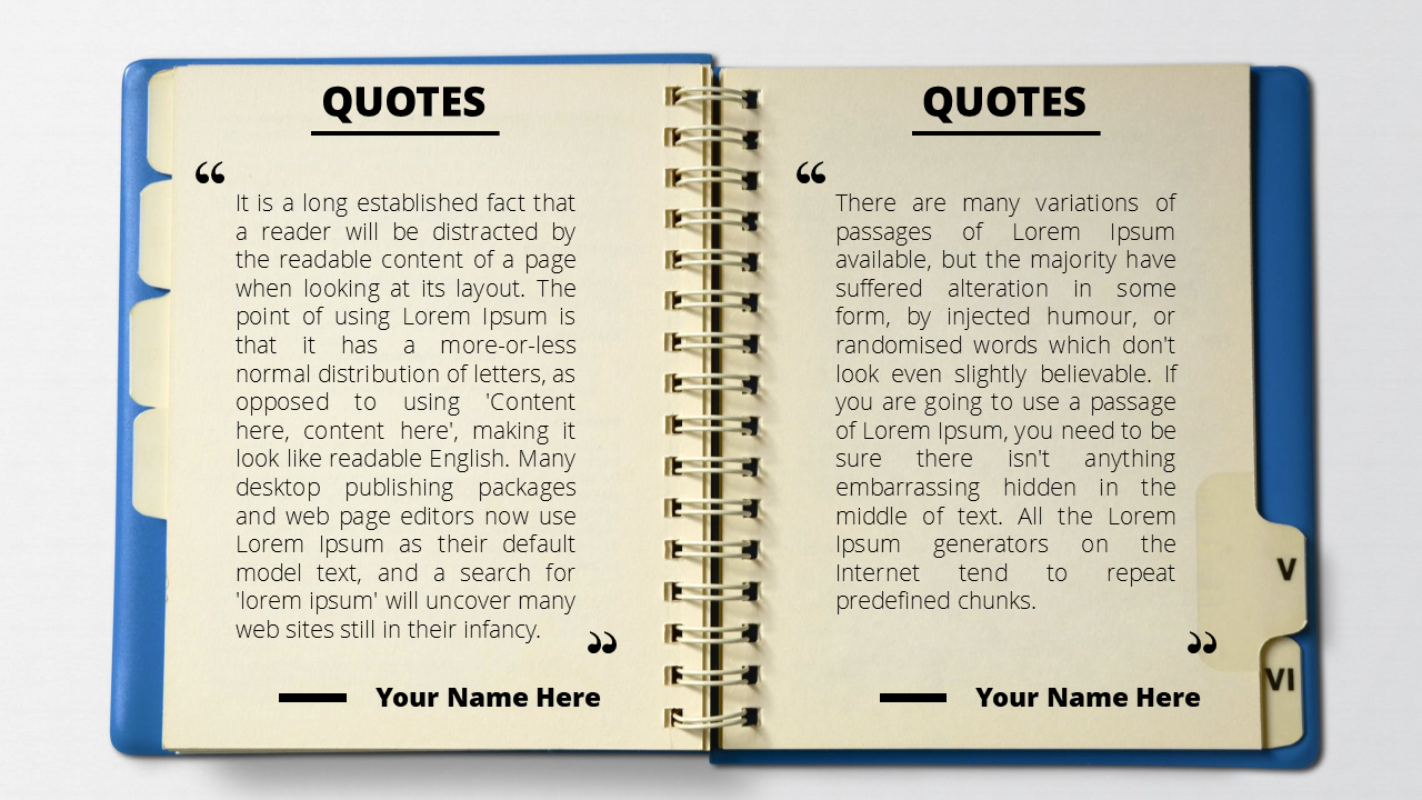 Open notebook style slide with dual quote sections, featuring text, and blue tabs on the edges for a creative layout.