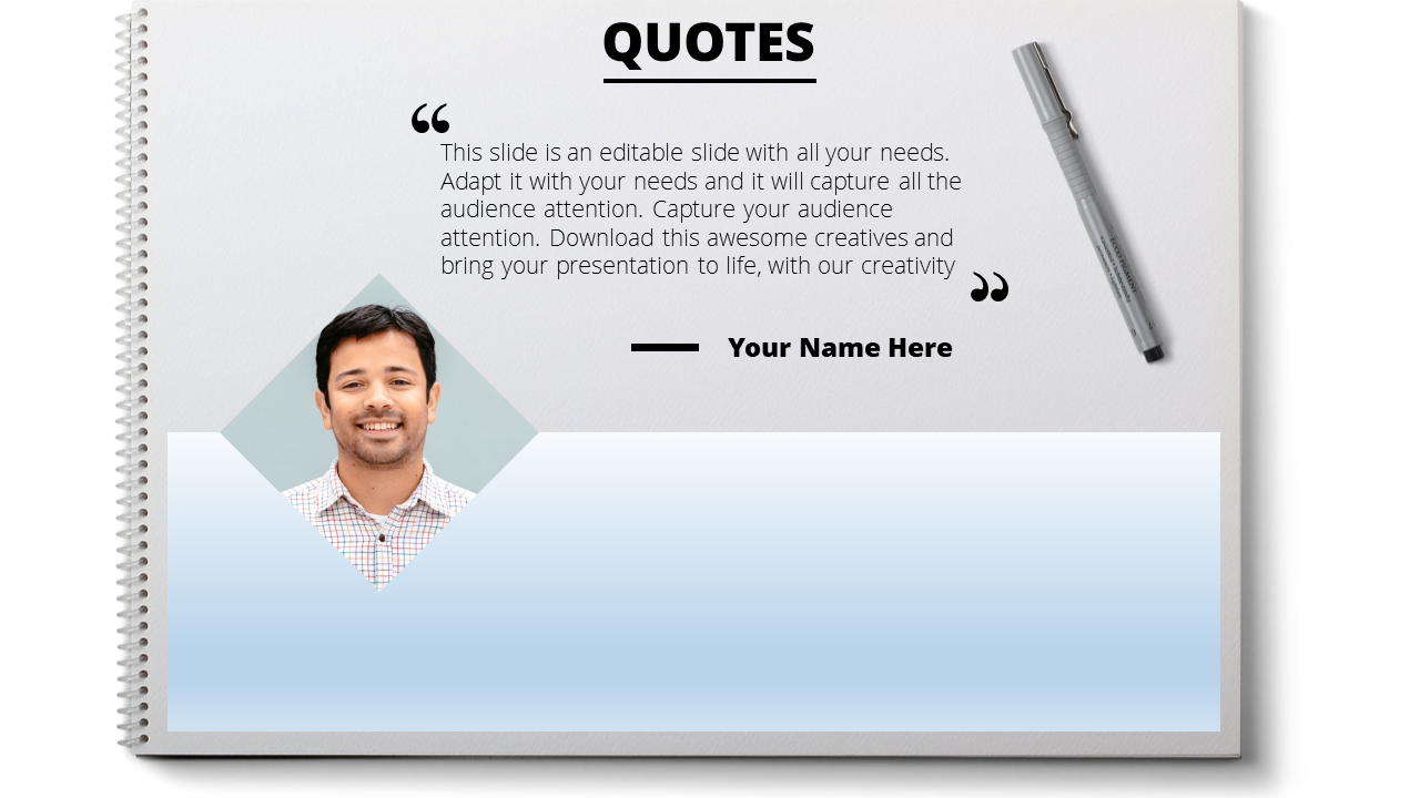 Slide with a notepad design, featuring a photo of a person, a quote text box, and a pen, with space for the speaker’s name.