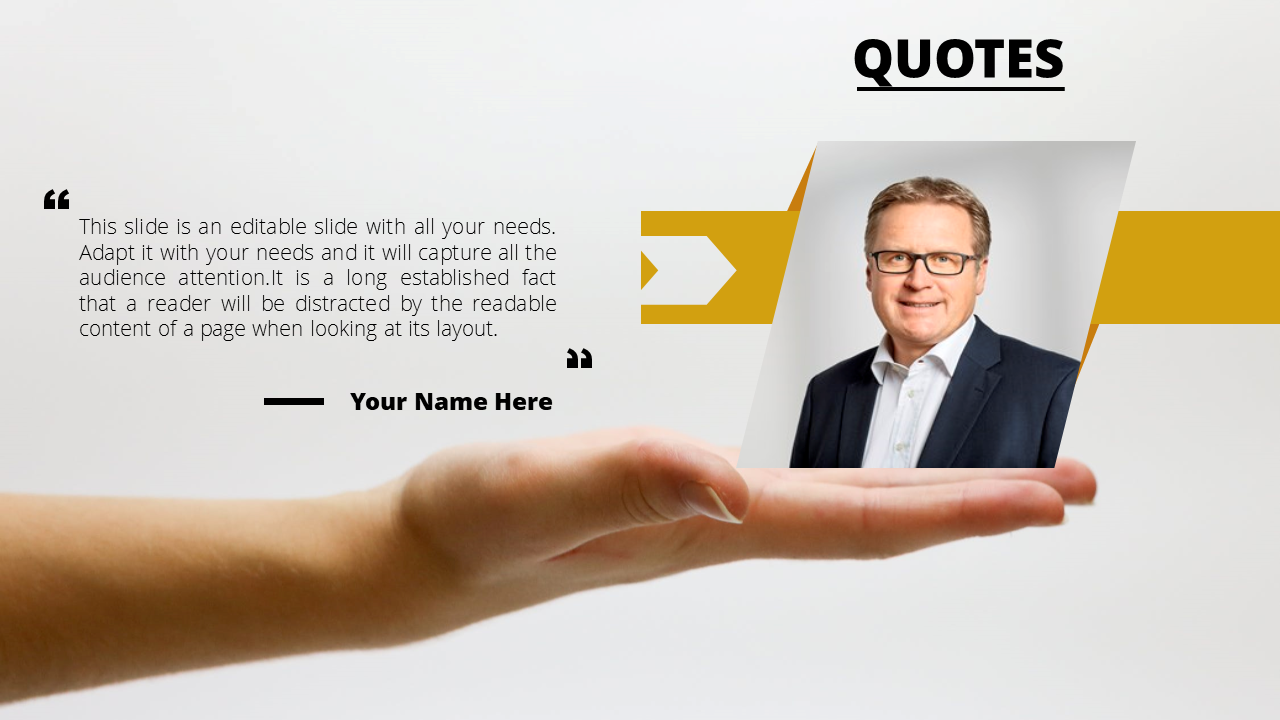 Professional man's photo placed on a quote slide with a yellow arrow design and an extended open hand.