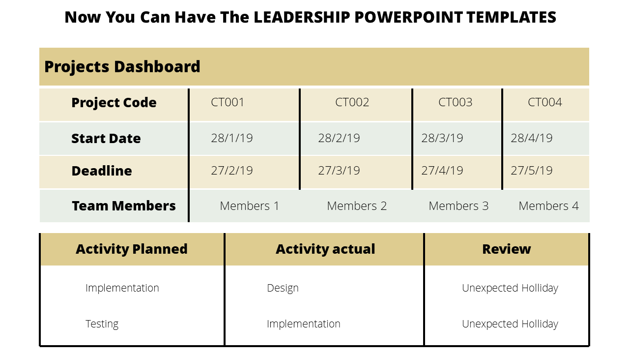 Executive dashboard slide displaying project details including start date, deadline, team members, and activities.