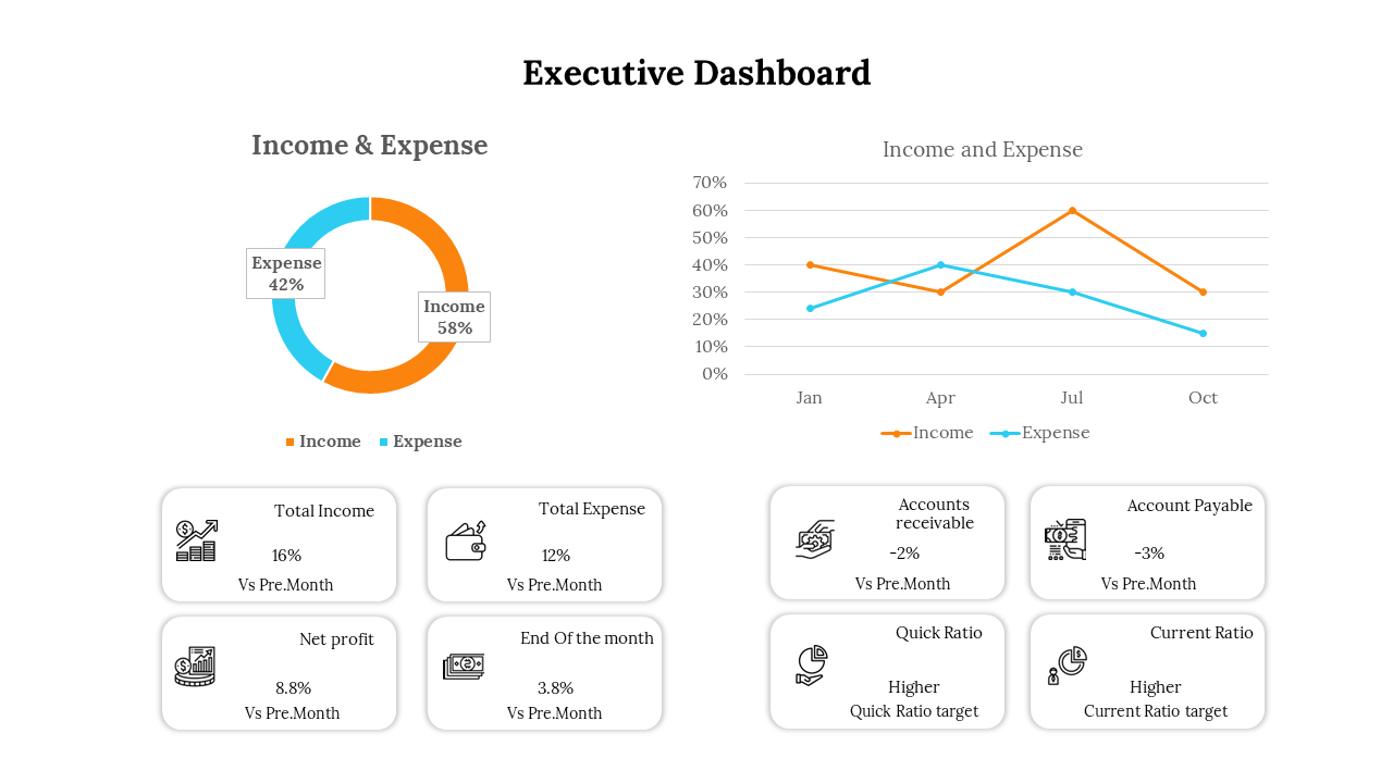 An executive dashboard showing income and expense distribution, with key financial metrics and a line graph.