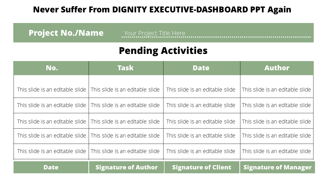 Project dashboard with a table containing rows for tasks, dates, and signature for author, client, and manager approval.