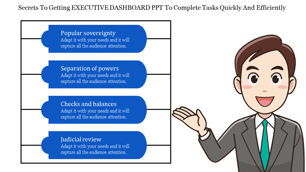 Executive dashboard with four blue horizontal boxes containing text and a smiling cartoon man gesturing on the right.