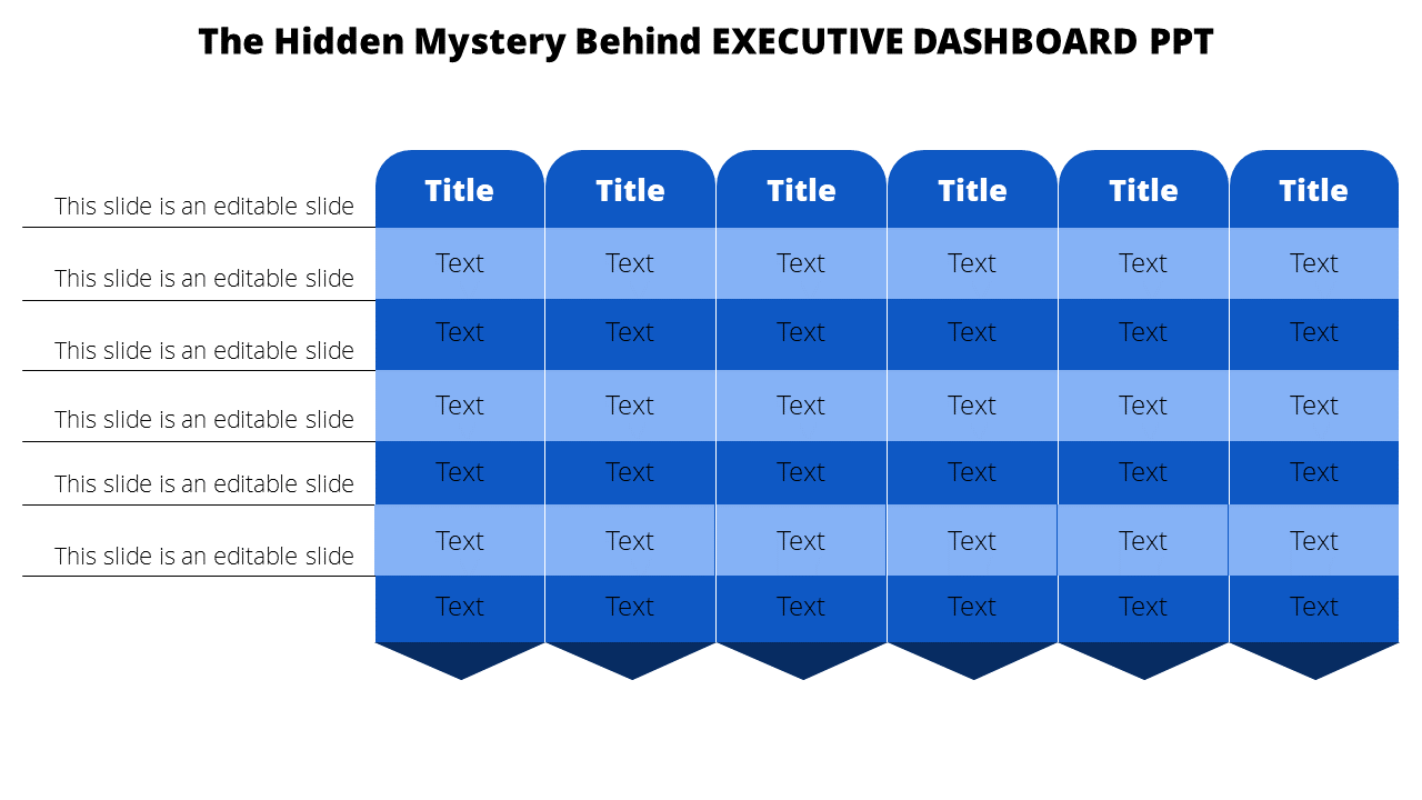 Executive dashboard template featuring six blue columns with titles and alternating light and dark blue text boxes.