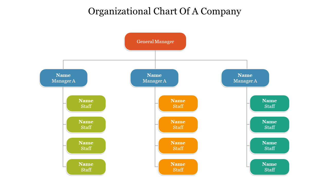 Company organizational diagram slide featuring a general manager and three colored branches with manager A and staff names.