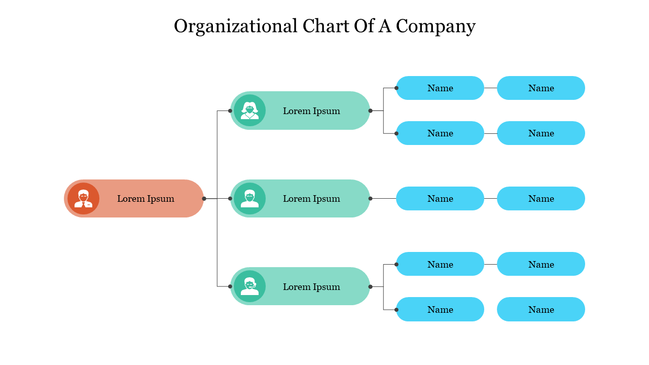 Organizational flowchart showing a red starting node leading to green and blue ovals connected through black lines.