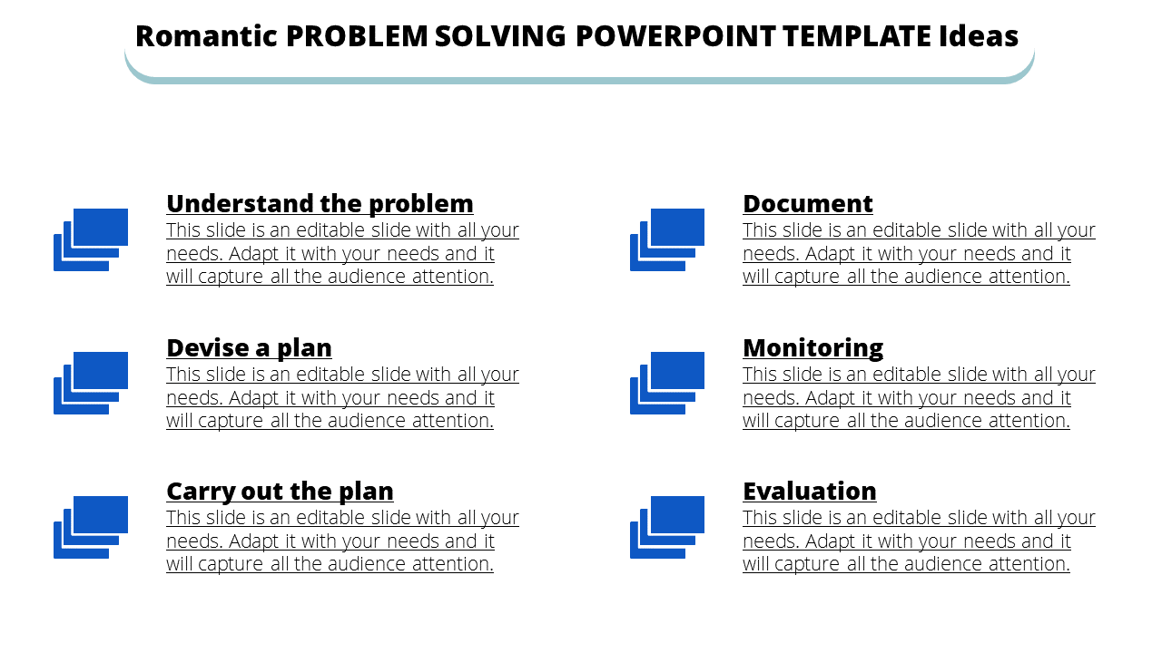 Slide layout with six problem-solving steps, each paired with a blue stack-of-documents icon and bold black text.