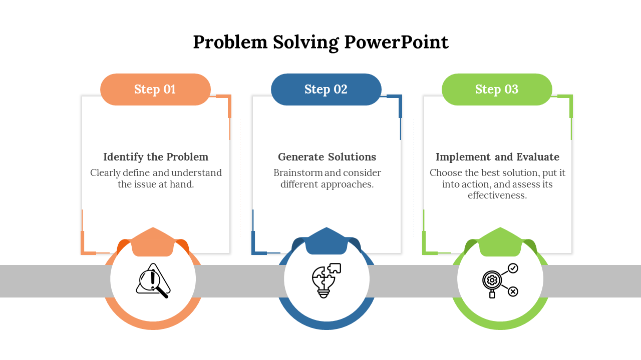 Three boxes in orange, blue, and green representing problem solving steps, with icons connected by a grey horizontal line.