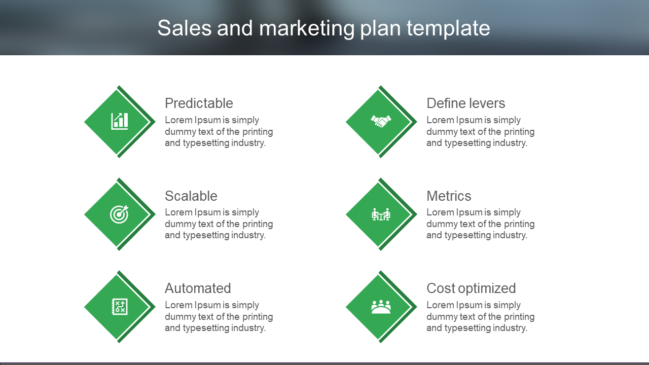 Sales and marketing slide with six green diamond sections featuring icons and titles from Predictable and Cost Optimized.