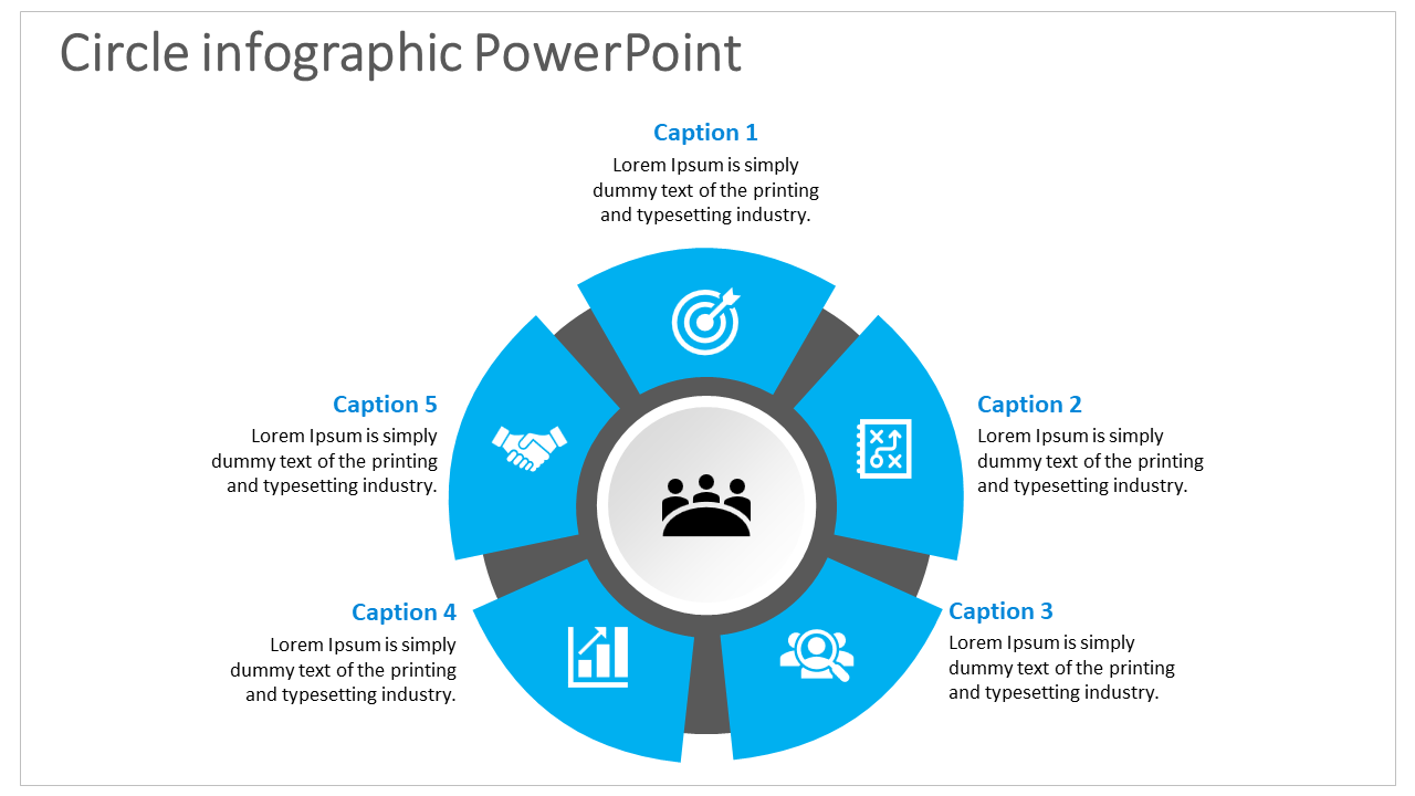 Circle infographic PPT slide with five sections, each containing a blue icon and captions with placeholder text.