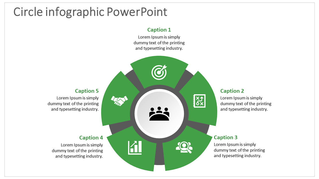 Green circular infographic slide with five segments, each featuring icons and captions surrounding a central icon.