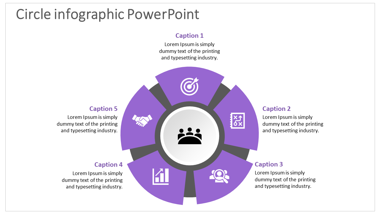 Circular infographic with five purple segments, each containing an icon and text, surrounding a central team symbol.