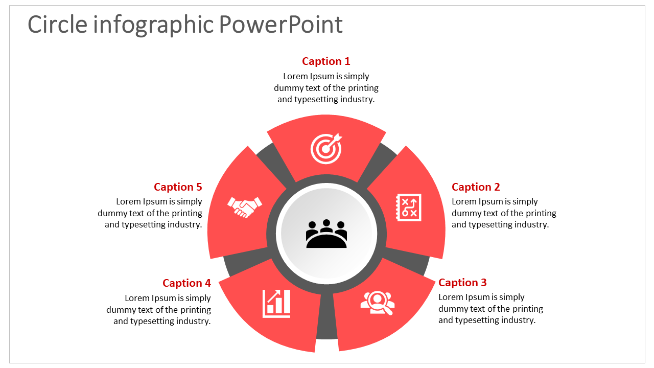 A circular infographic PowerPoint template with five segments, each labeled for different categories or steps.