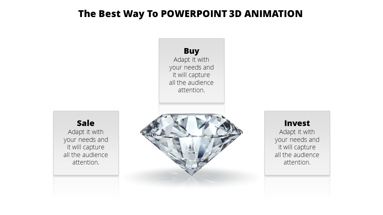 A PowerPoint slide showcasing 3D animation with options to Buy, Sale, and Invest, highlighted by a diamond image.