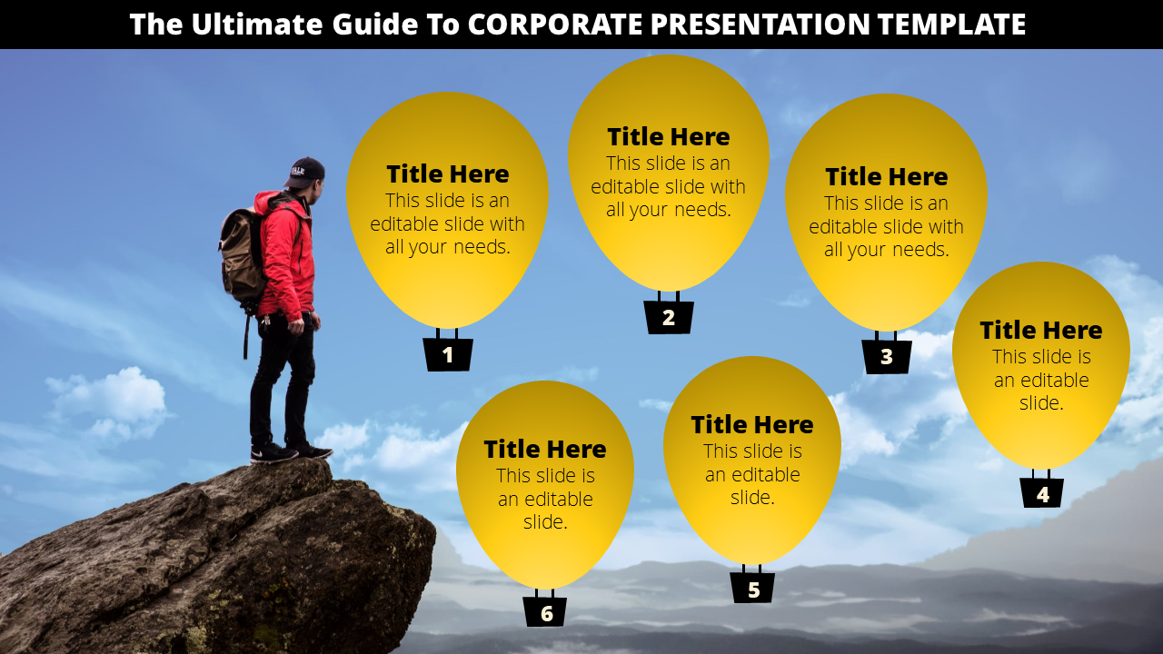 Corporate slide with an image of six yellow balloon-shaped text boxes, with a person standing on a mountain rock.