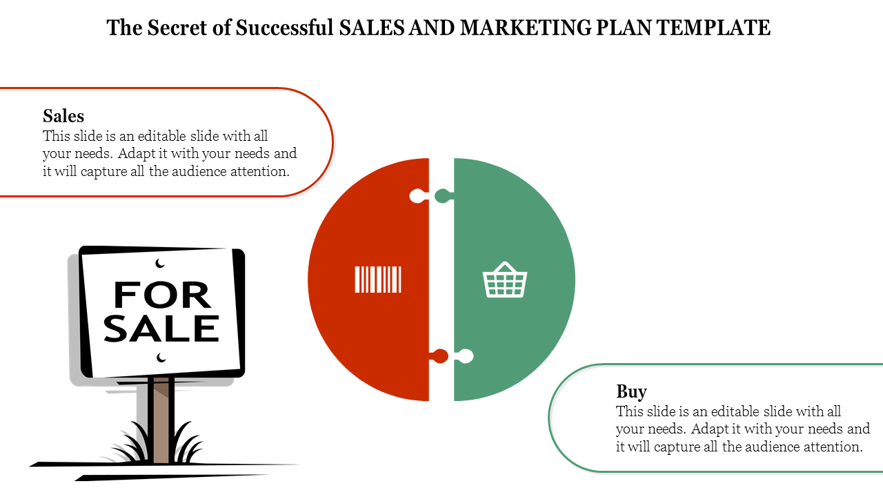 Sales and buy infographic with a divided red-green circle, barcode, basket icons, and for sale sign illustration.