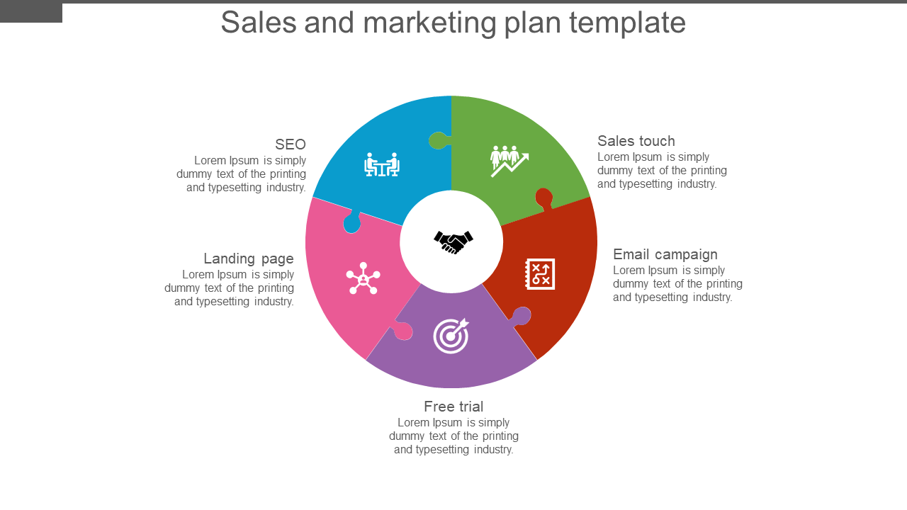 Colorful circular sales and marketing plan slide with segments from SEO to sales touch with icons and placeholder text.