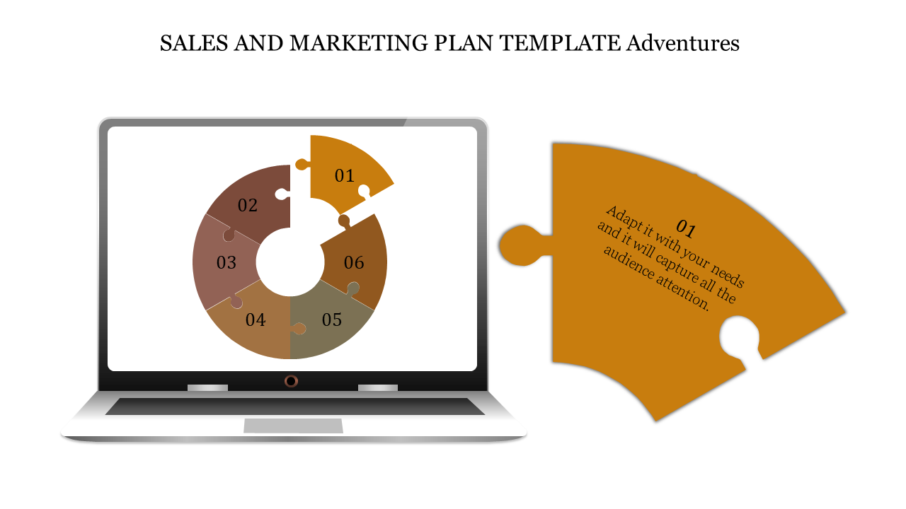 Sales and marketing pla template with a laptop screen displaying a circular puzzle infographic with one segment beside it.