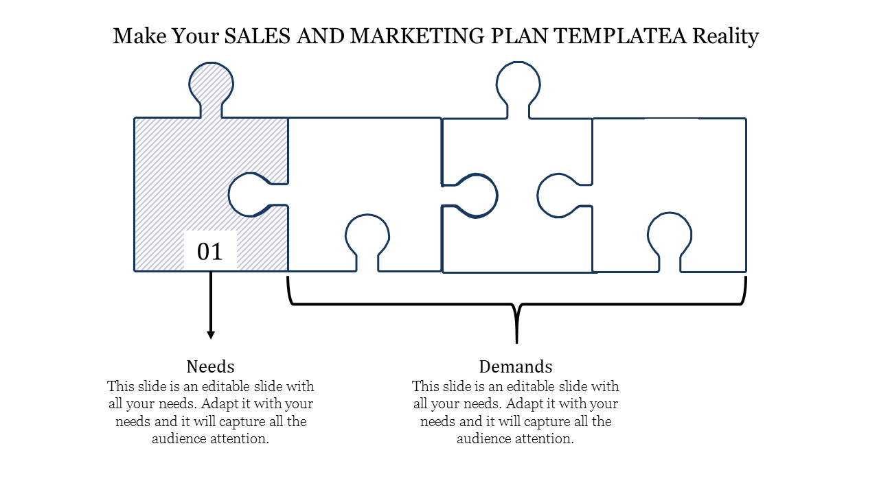 Puzzle graphic for sales and marketing with four interlocking pieces, focusing on sections labeled needs and demands.