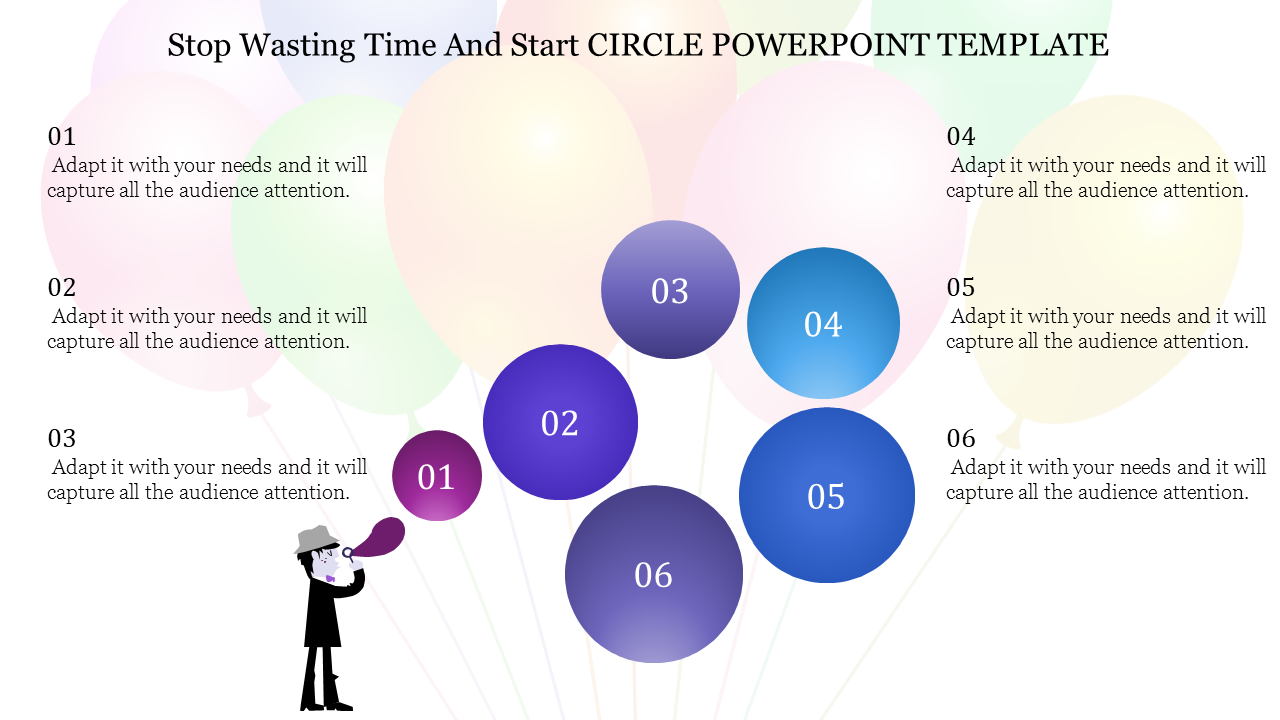 Circle infographic with six numbered circles arranged in a playful balloon like layout, with captions on each side.