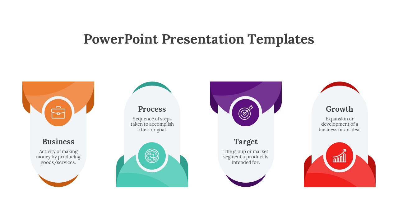 PowerPoint template featuring icons for Business, Process, Target, and Growth with descriptions of each.