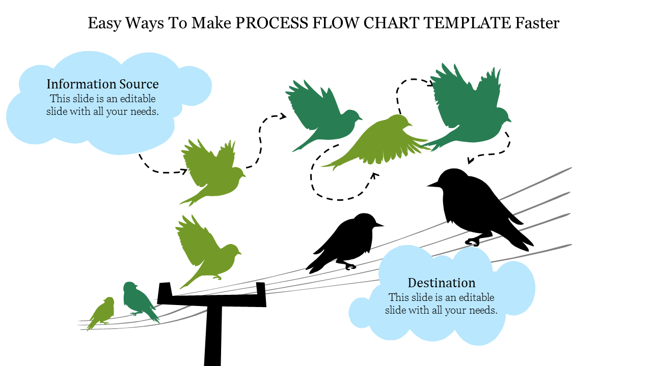 Process flow chart template with colorful birds on wires and placeholder text.