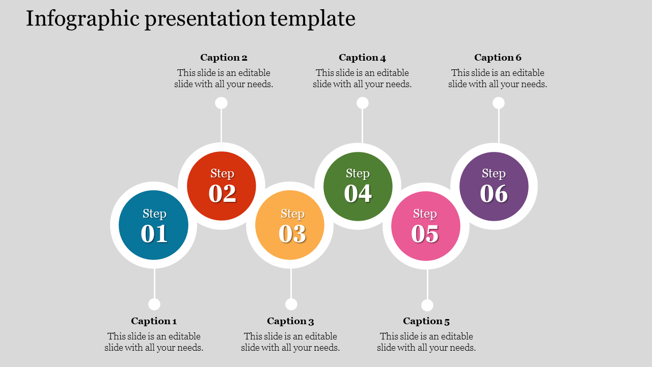 Infographic style presentation template with six colorful steps and captions.