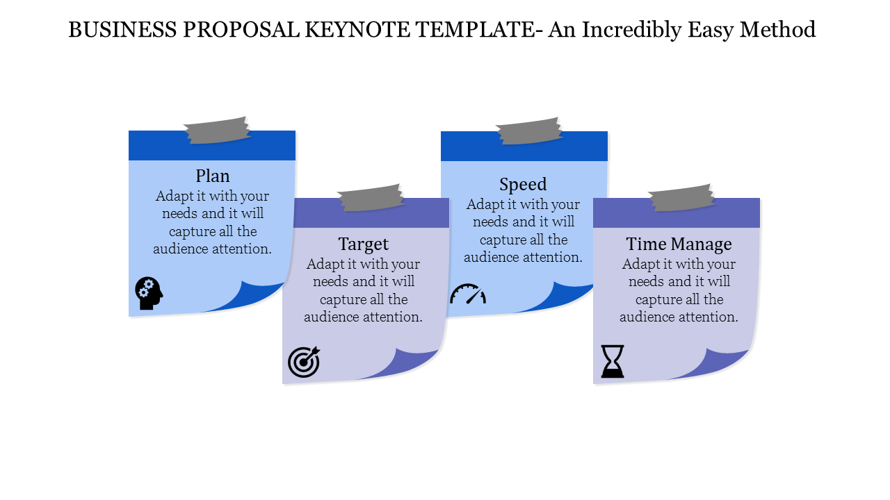 Infographic featuring four steps of a business proposal in taped note designs with blue and purple shades.