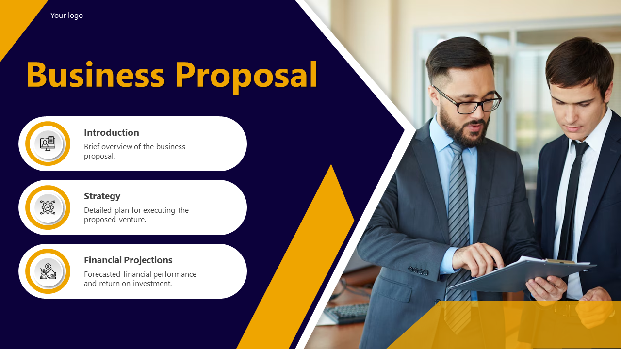 Blue and yellow business slide with three text boxes for proposal details, alongside two businessmen reviewing a document.