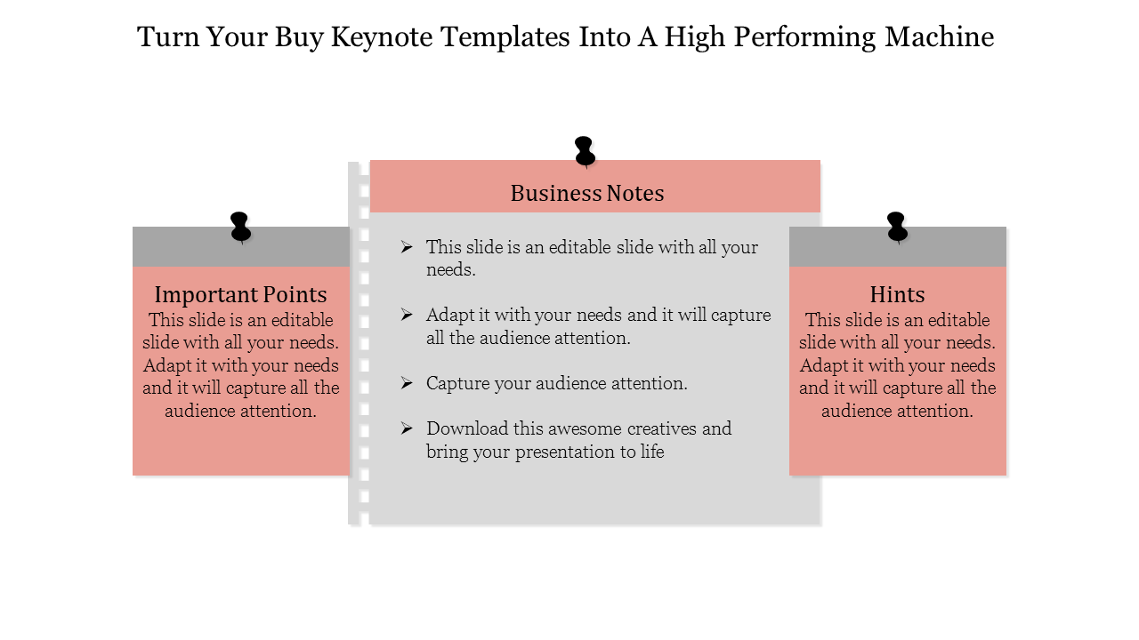 Slide with three blocks for key notes in red and gray, arranged horizontally and pinned to a central sheet.