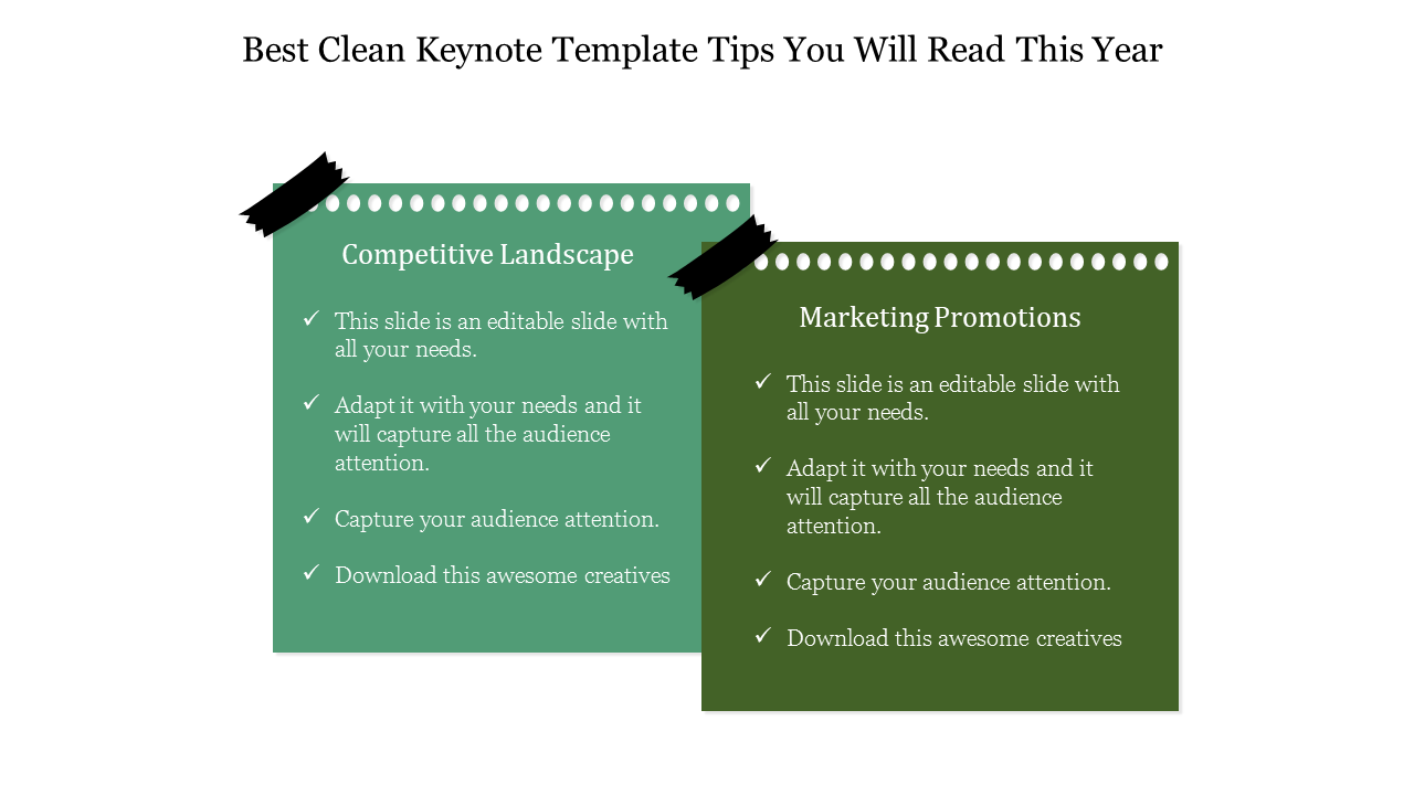 Keynote template on competitive landscape and marketing promotions, featuring checklists and modern design.