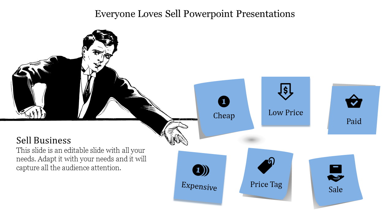 Businessman illustration and blue squares with icons and labels for business pricing and sales concepts.