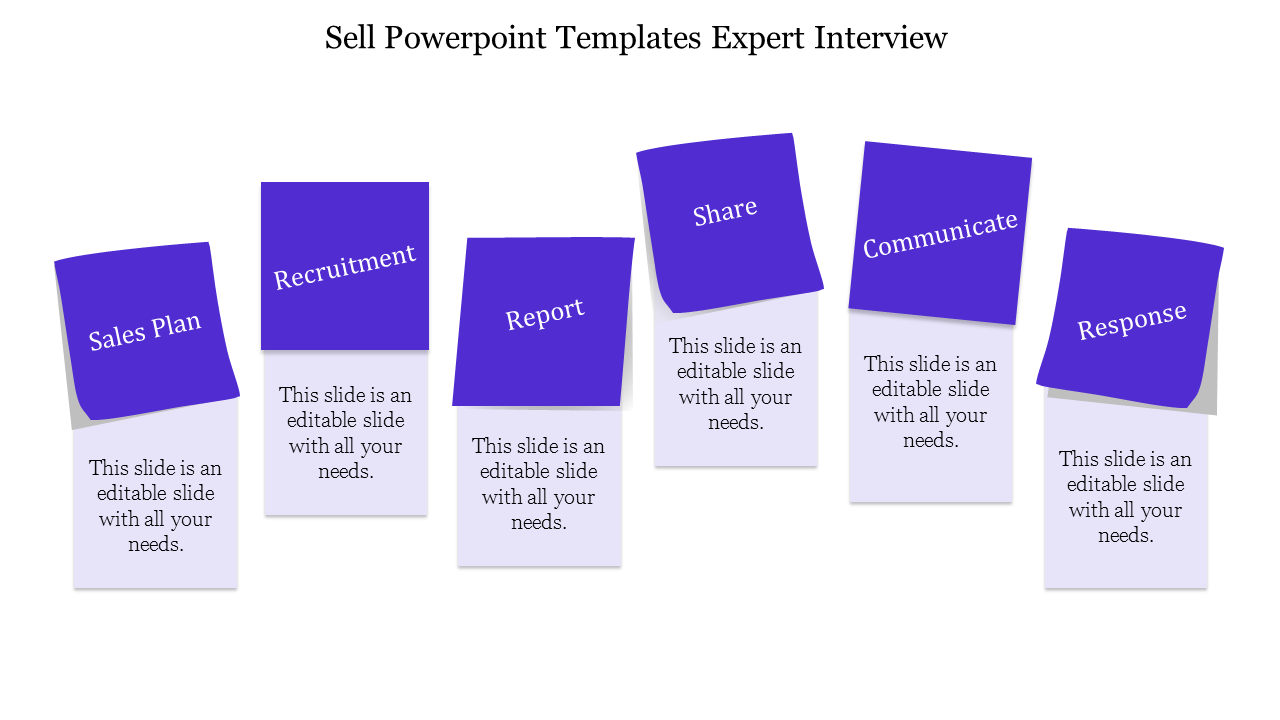 Five tilted purple rectangles labeled sales plan, recruitment, report, share, and communicate each with caption areas.